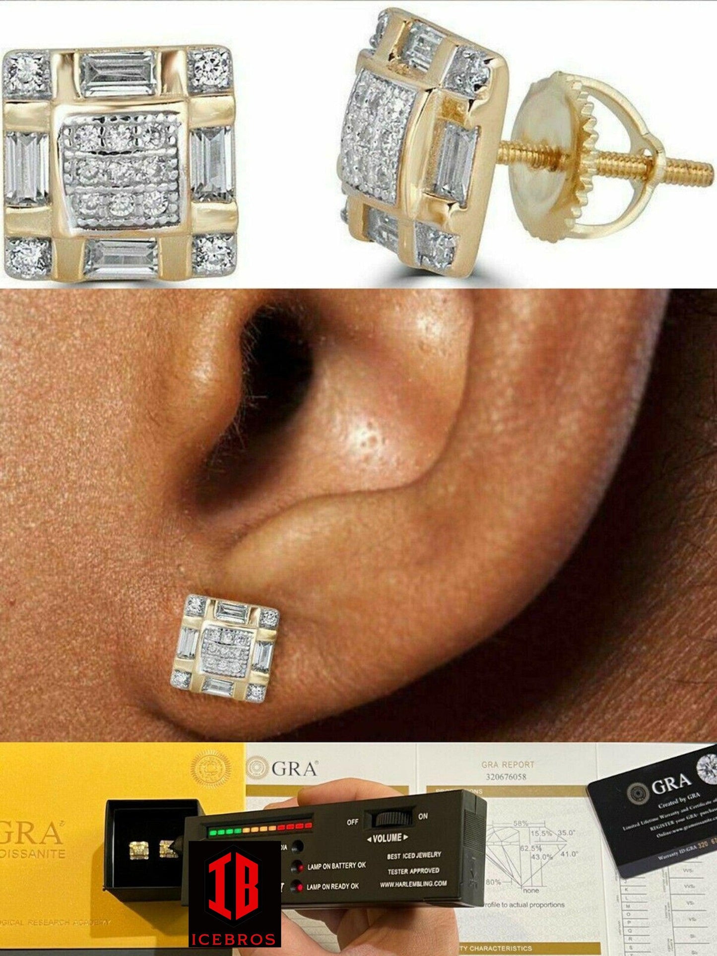 MOISSANITE White Gold Vermeil Iced Baguette Hip Hop Earrings Studs Diamond Tester