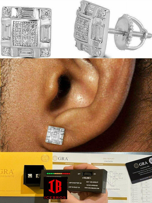 MOISSANITE White Gold Vermeil Iced Baguette Hip Hop Earrings Studs Diamond Tester