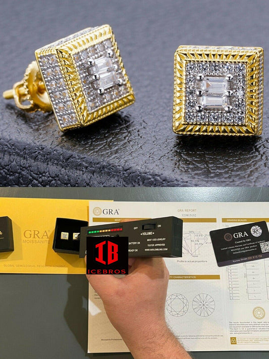Men's MOISSANITE 14k Gold Vermeil Earrings Square Round Baguette Studs Passes Diamond Test