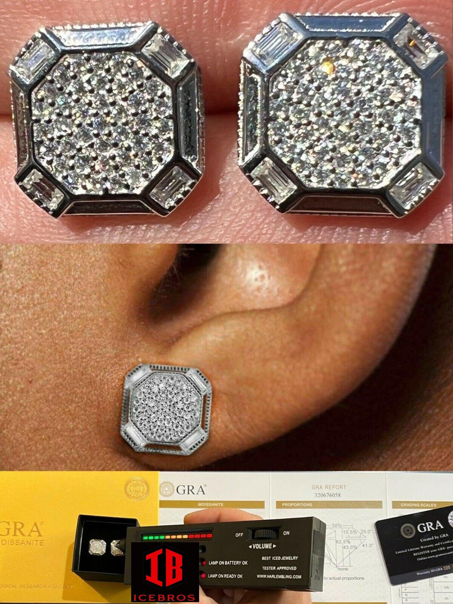 Big Men's Baguette Iced Earrings MOISSANITE White Gold Vermeil Hip Hop Diamond Test