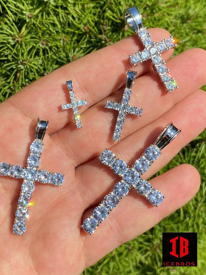 Solid 14k Gold Cross Iced Pendant MOISSANITE Necklace Passes Diamond Tester