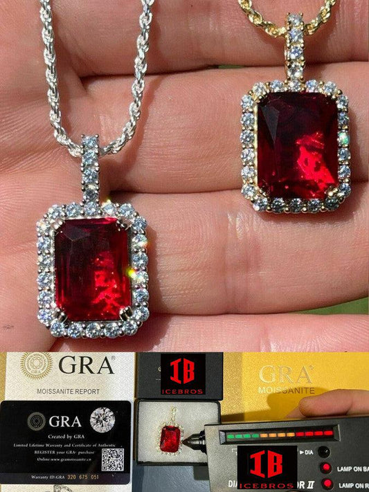 Men's Hip Hop Iced Moissanite Red Ruby Sapphire Emerald Topaz Charm Pendant Necklace 925 Sterling Silver