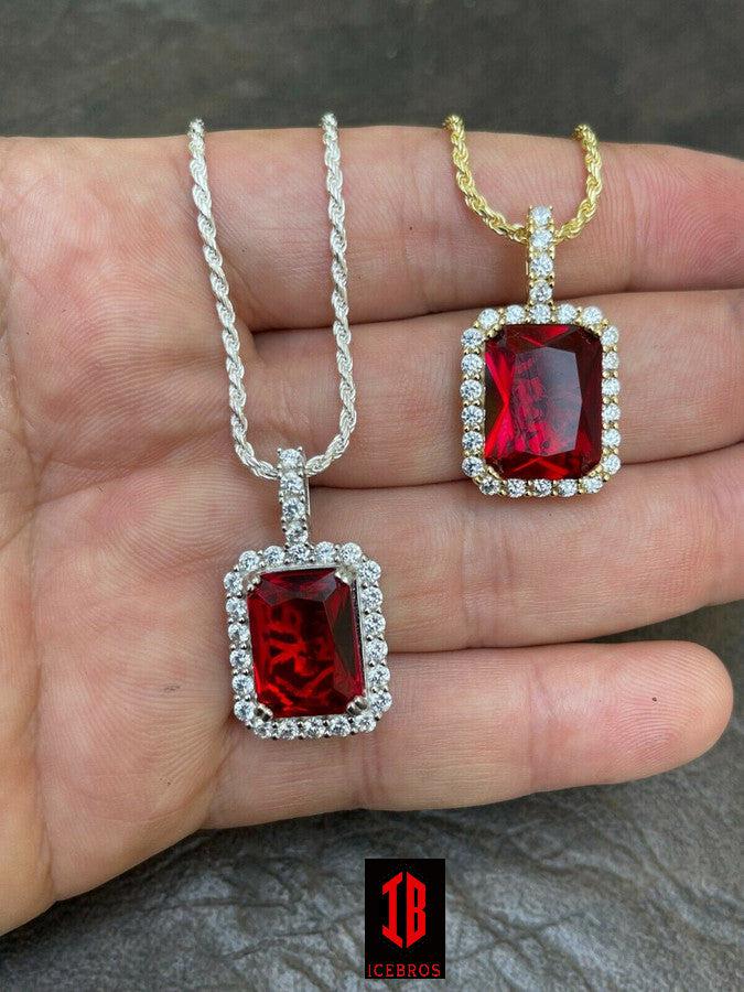 Men's Hip Hop Iced CZ Ruby Sapphire Emerald Topaz Charm Pendant Necklace 925 Sterling Silver