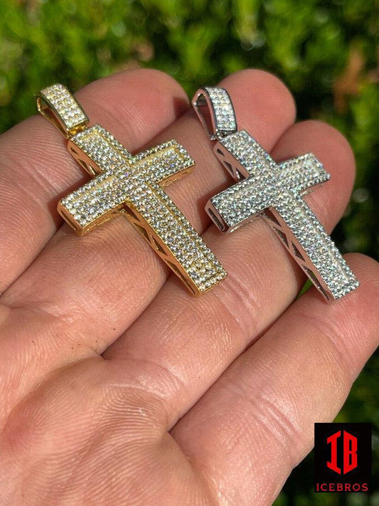 10k Solid Real Yellow White Gold Cross Pendant Iced Out Hip Hop