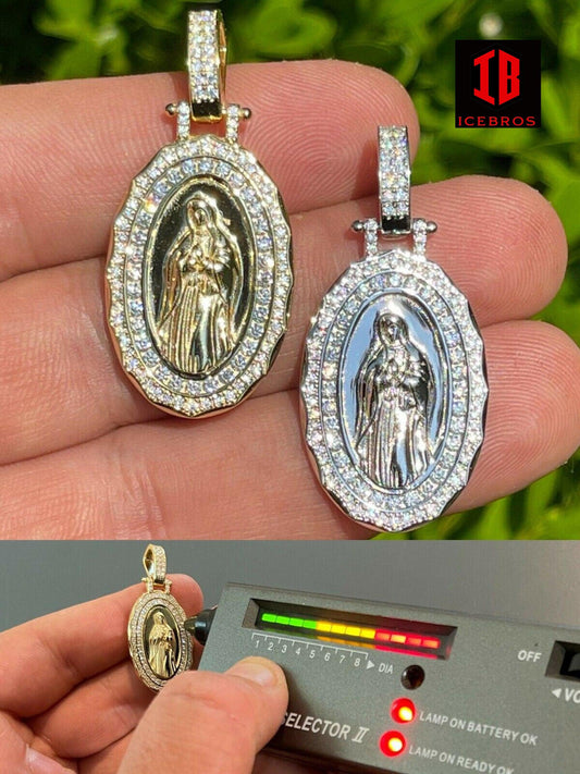 Solid 925 Sterling Silver MOISSANITE Virgin Mary Necklace Charm Iced Medallion