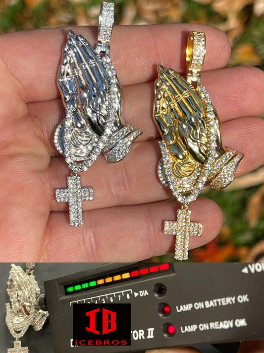 Iced Rosary Praying Hand Cross Charm Pendant 925 Sterling Silver Pass Diamond Test