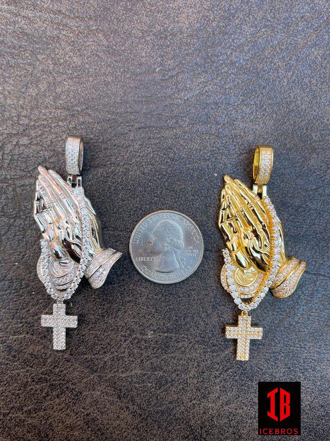 Iced Rosary Praying Hand Cross Charm Pendant 925 Sterling Silver Pass Diamond Test