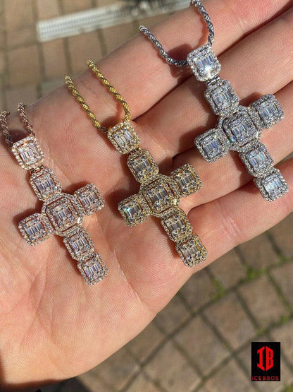 Mens Vermeil Solid 925 Silver Iced Baguette Diamond Cross 2" Rhodium, Gold Or Rose (CZ)