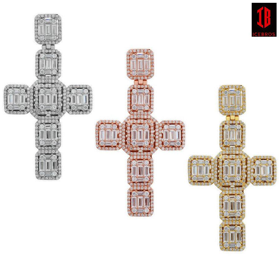 Mens Vermeil Solid 925 Silver Iced Baguette Diamond Cross 2" Rhodium, Gold Or Rose (CZ)
