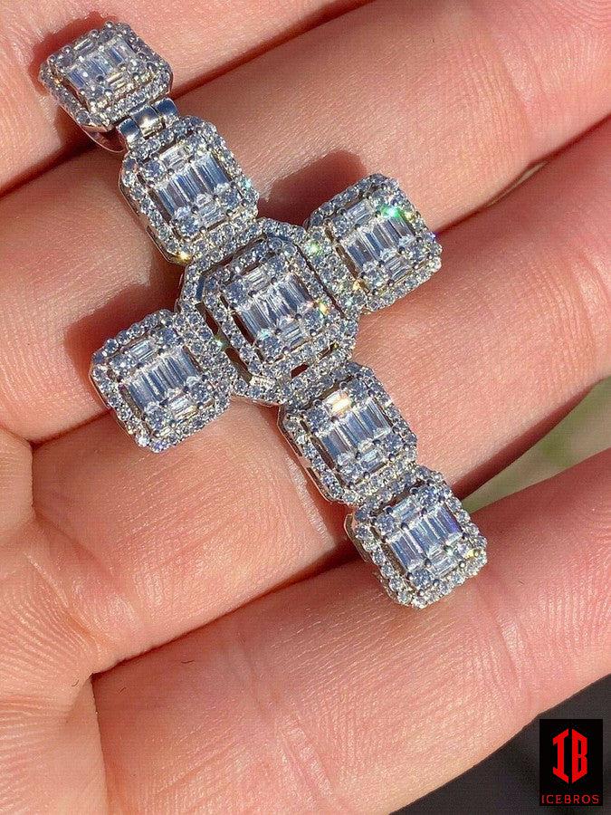 Baguette MOISSANITE Iced Out Cross Charm Pendant - Passes Diamond Tester Silver Gold