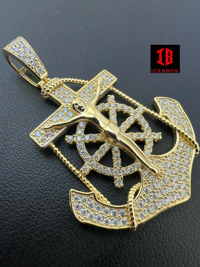 MOISSANITE 925 Silver Gold iced Jesus Anchor Crucifix Charm Pendant