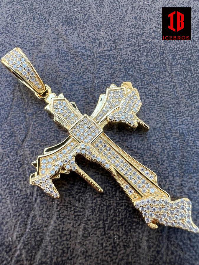 Men's MOISSANITE Real 925 Sterling Silver Gold Plated Drip Cross Iced Pendant Charm