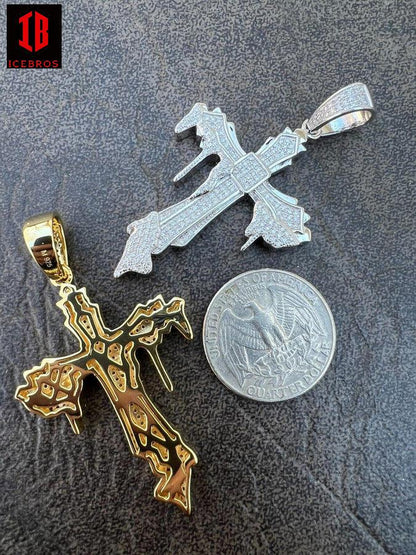 Men's MOISSANITE Real 925 Sterling Silver Gold Plated Drip Cross Iced Pendant Charm