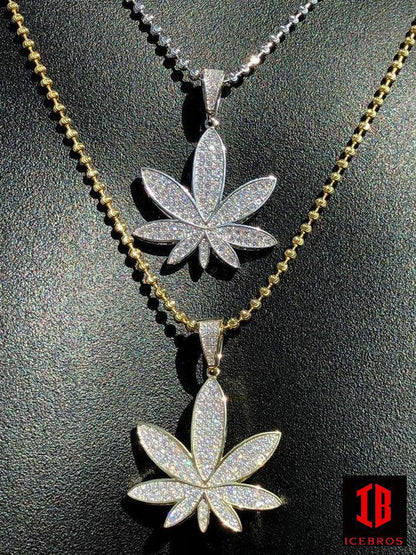 Iced MOISSANITE 925 Sterling Silver Marijuana Weed Charm Pendant Necklace