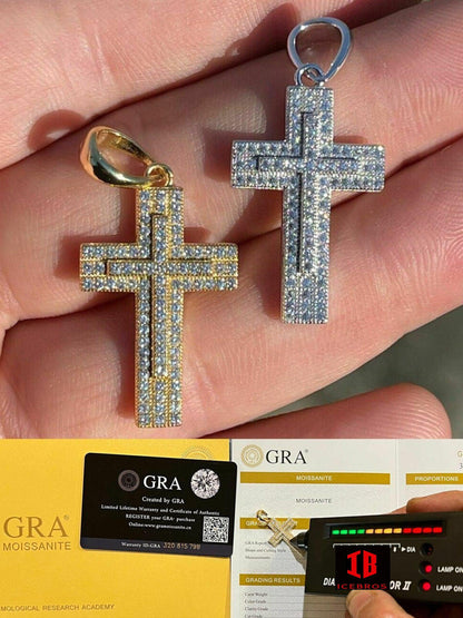 Solid 10k Gold 3D Cross Pendant Necklace Iced MOISSANITE Pass Diamond Tester