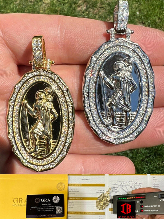 925 Sterling Silver Moissanite St Christopher Necklace Pendant Iced Medallion Pass Diamond Test