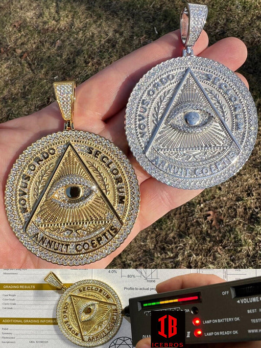 MOISSANITE Big 3" All Seeing Illuminati Eye Masonic Medallion Necklace 925 Sterling Silver
