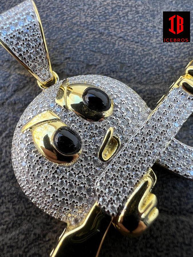 MOISSANITE Solid 925 Sterling Silver Angry Mad Emoji W. AK47 Gun Necklace Passes Diamond Test