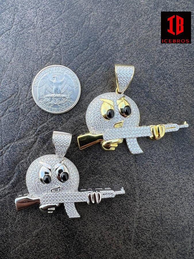 MOISSANITE Solid 925 Sterling Silver Angry Mad Emoji W. AK47 Gun Necklace Passes Diamond Test