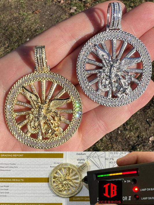 MOISSANITE Solid 925 Sterling Silver Michael Archangel Pendant Iced Baguette Medallion