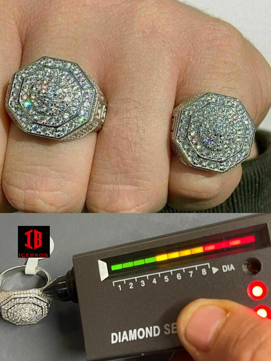 Men's Large Solid 925 Sterling Silver Octagonal RING Iced Real Moissanite Pass Diamond Tester