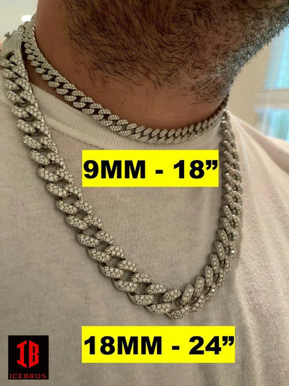 WHITE GOLD Real Miami Cuban Link Chain Iced Diamond Out Solid 925 Sterling Silver Necklace