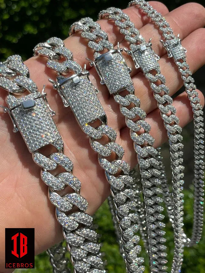 WHITE GOLD Real Miami Cuban Link Chain Iced Diamond Out Solid 925 Sterling Silver Necklace