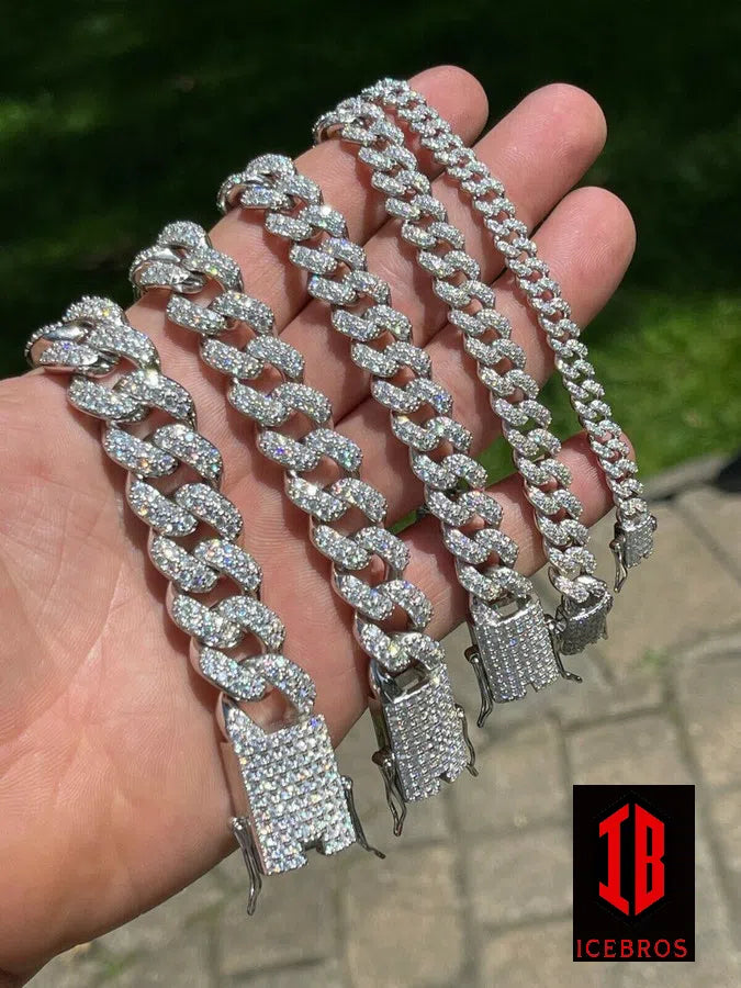 WHITE GOLD Real Miami Cuban Link Chain Iced Diamond Out Solid 925 Sterling Silver Necklace