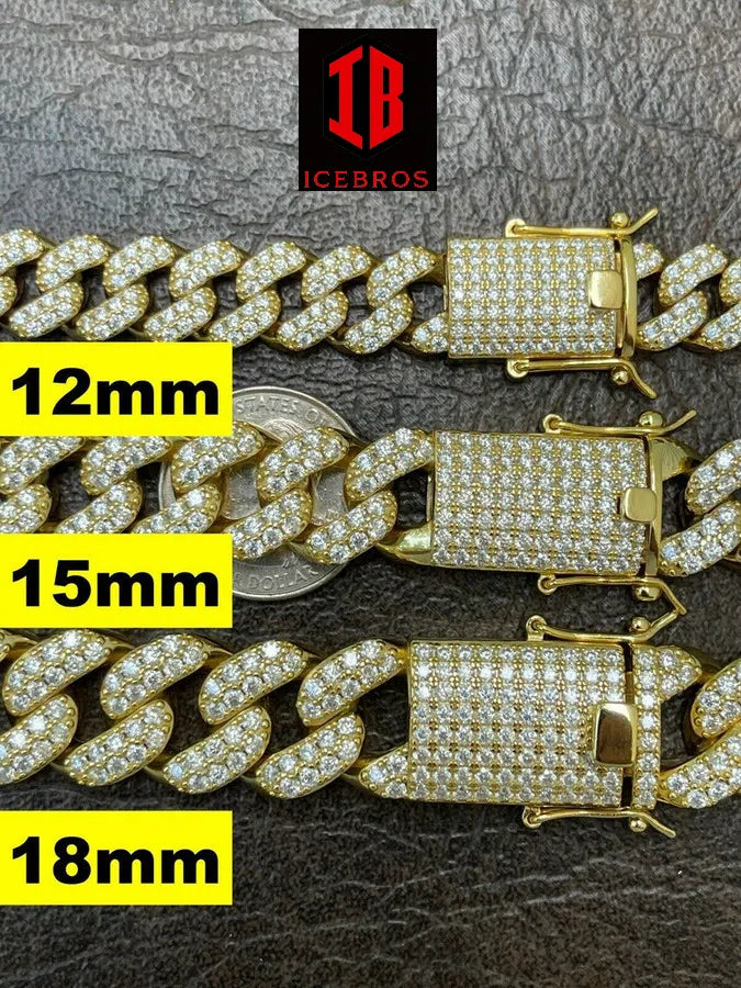 YELLOW GOLD Real Miami Cuban Link Chain Iced Diamond Out Solid 925 Sterling Silver Necklace