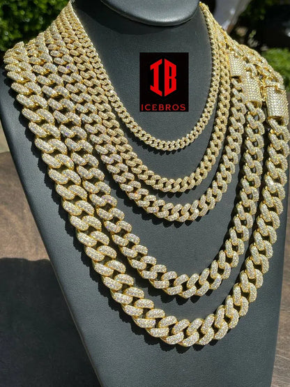 YELLOW GOLD Real Miami Cuban Link Chain Iced Diamond Out Solid 925 Sterling Silver Necklace