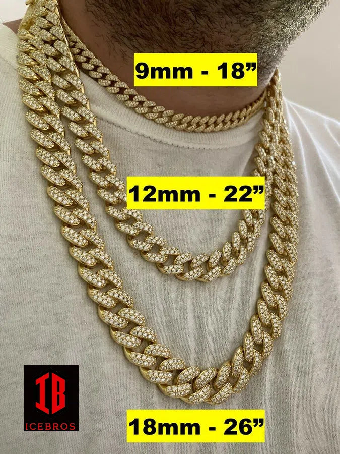 YELLOW GOLD Real Miami Cuban Link Chain Iced Diamond Out Solid 925 Sterling Silver Necklace