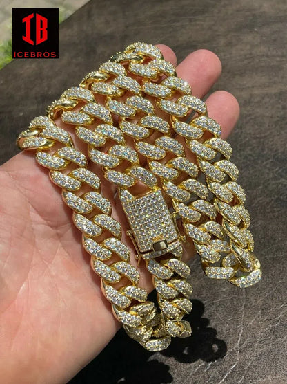 YELLOW GOLD Real Miami Cuban Link Chain Iced Diamond Out Solid 925 Sterling Silver Necklace