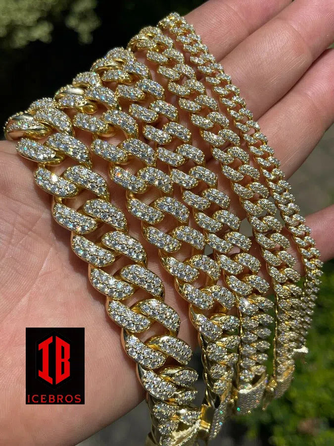 YELLOW GOLD Real Miami Cuban Link Chain Iced Diamond Out Solid 925 Sterling Silver Necklace