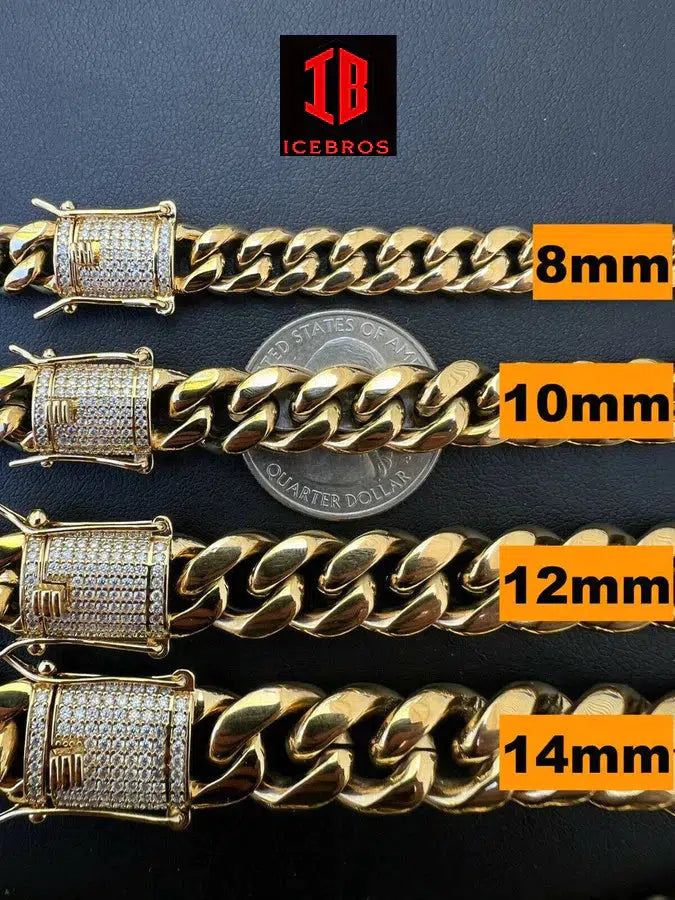 (12MM) 14K-18K Gold Plated Stainless Steel Cuban Link Chain CZ Diamond Lock 8-14MM