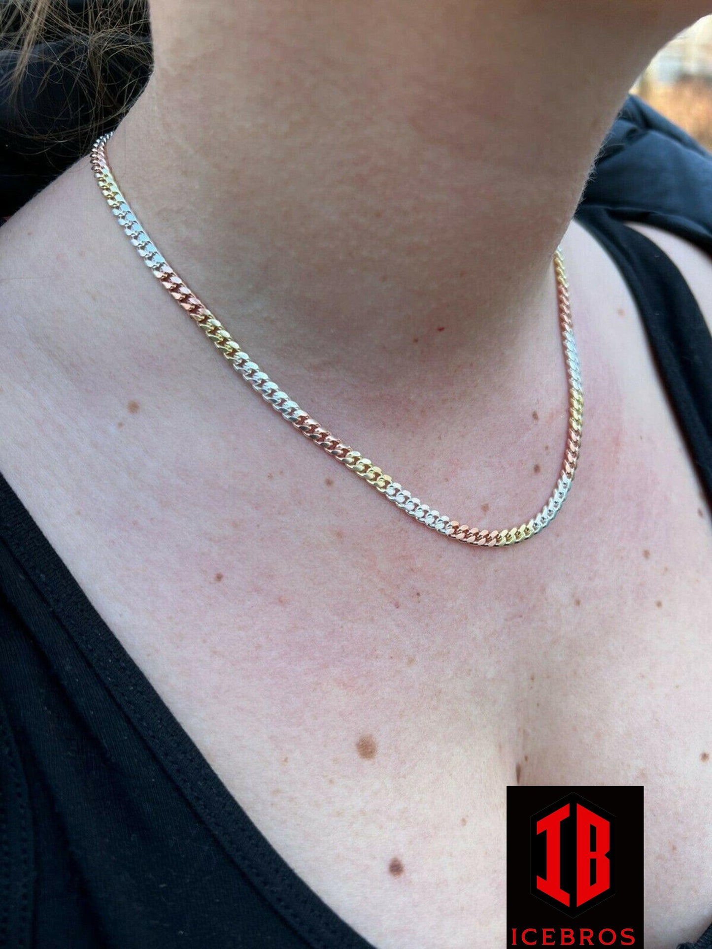 Tri Color Yellow Rose Gold & 925 Sterling Silver Miami Cuban Chain Necklace Lobster Lock (2mm-6mm)