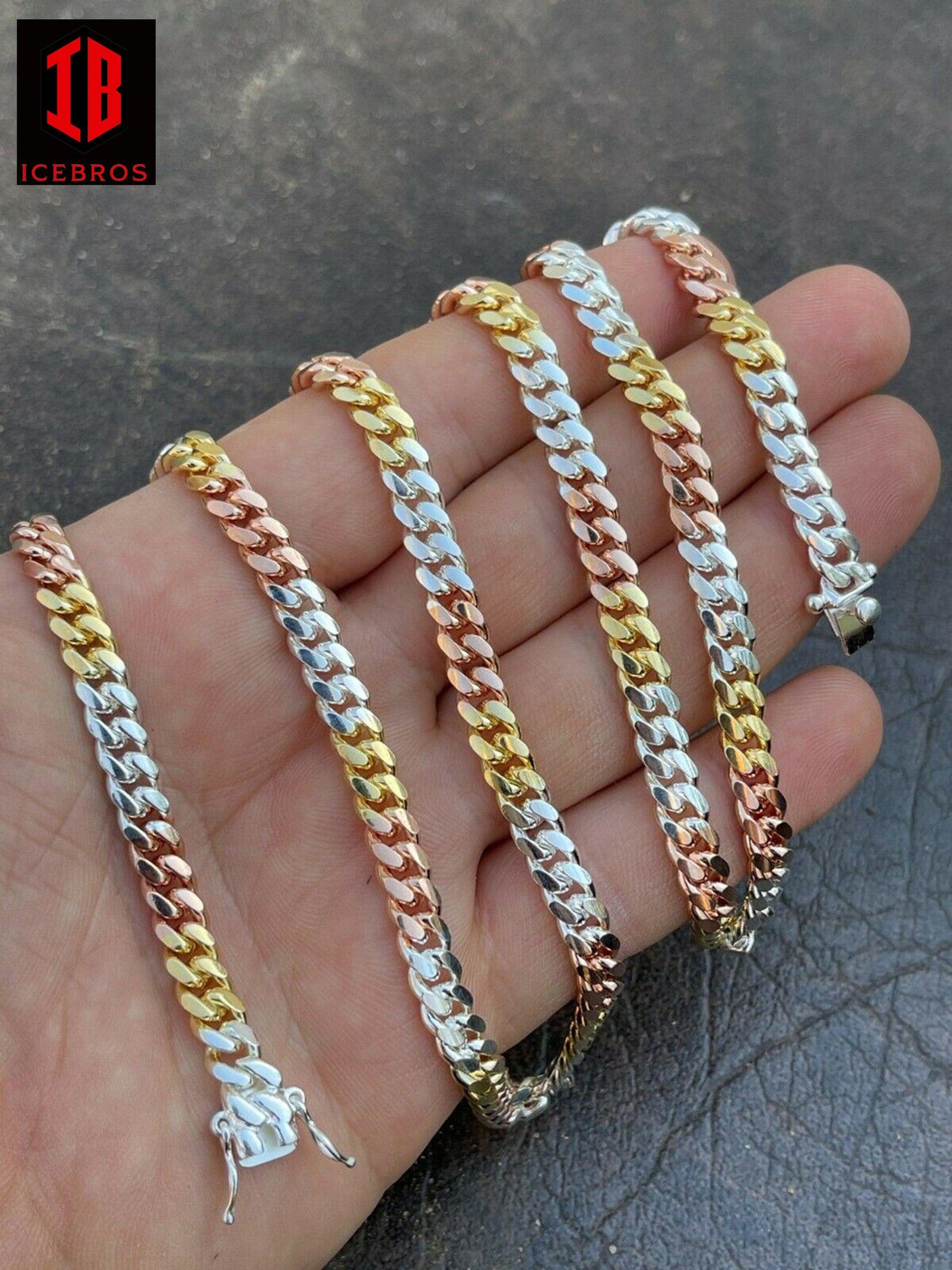 Tri Color Solid 925 Silver & 14k Gold Miami Cuban Link Necklace Chain Box Lock (6mm)