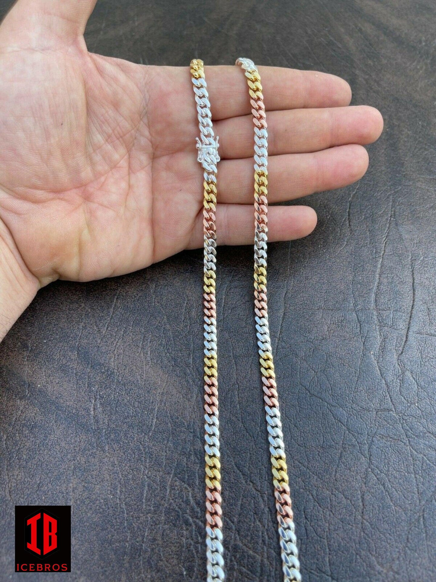 Tri Color Solid 925 Silver & 14k Gold Miami Cuban Link Necklace Chain Box Lock (6mm)