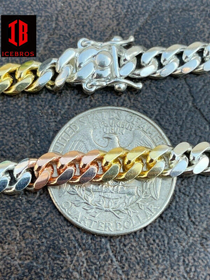 Tri Color Solid 925 Silver & 14k Gold Miami Cuban Link Necklace Chain Box Lock (6mm)