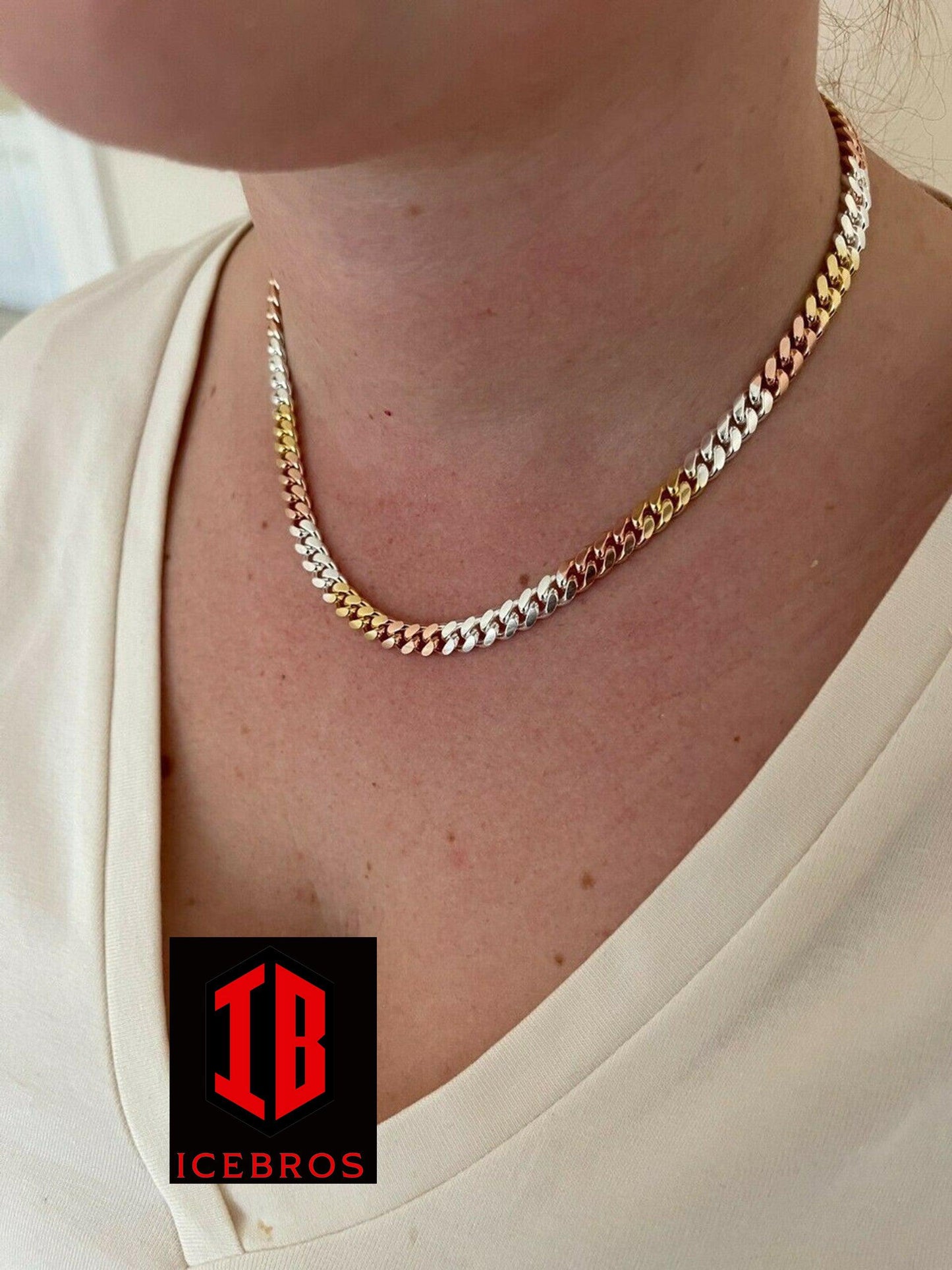 Tri Color Solid 925 Silver & 14k Gold Miami Cuban Link Necklace Chain Box Lock (6mm)