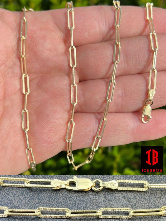 14k Gold Vermeil Silver Paperclip Chain Diamond Cut Necklace Italy Layered (3.5mm)