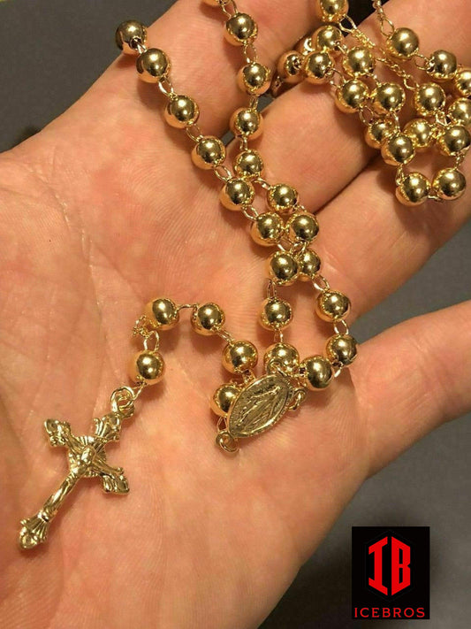 6mm Rosary Beads Necklace 24” 14k Gold Over Solid 925 Sterling Silver Unisex Italy