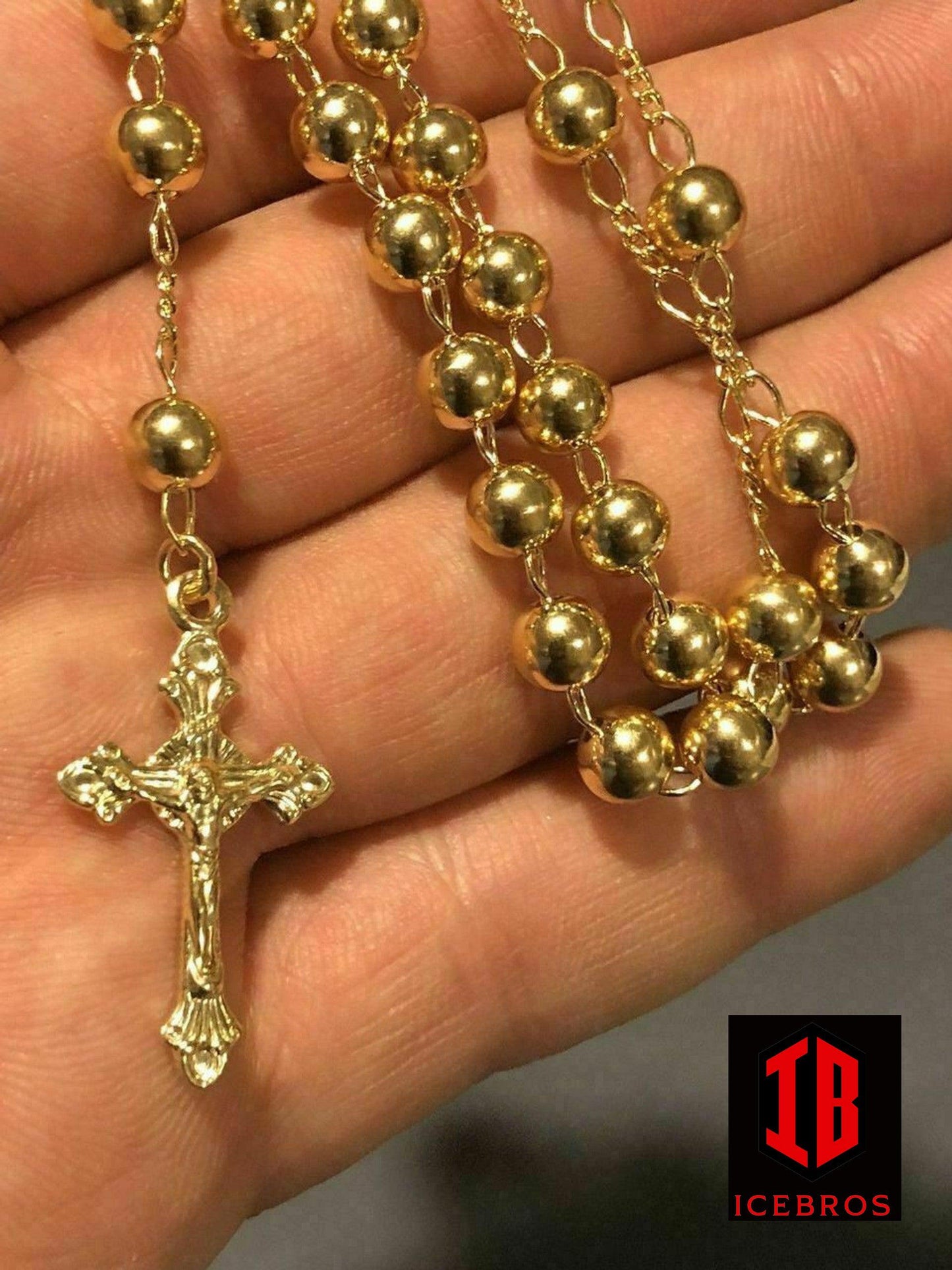 6mm Rosary Beads Necklace 24” 14k Gold Over Solid 925 Sterling Silver Unisex Italy