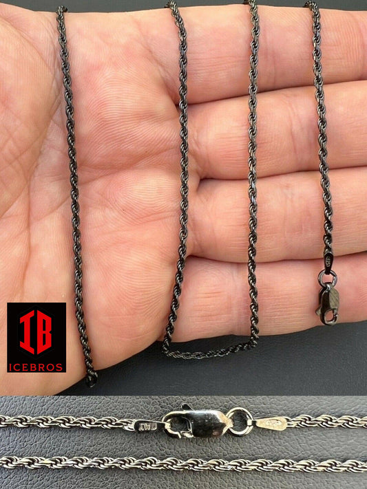 2mm Rope Chain Necklace Oxidized Black Rhodium Solid 925 Sterling Silver 16-30"