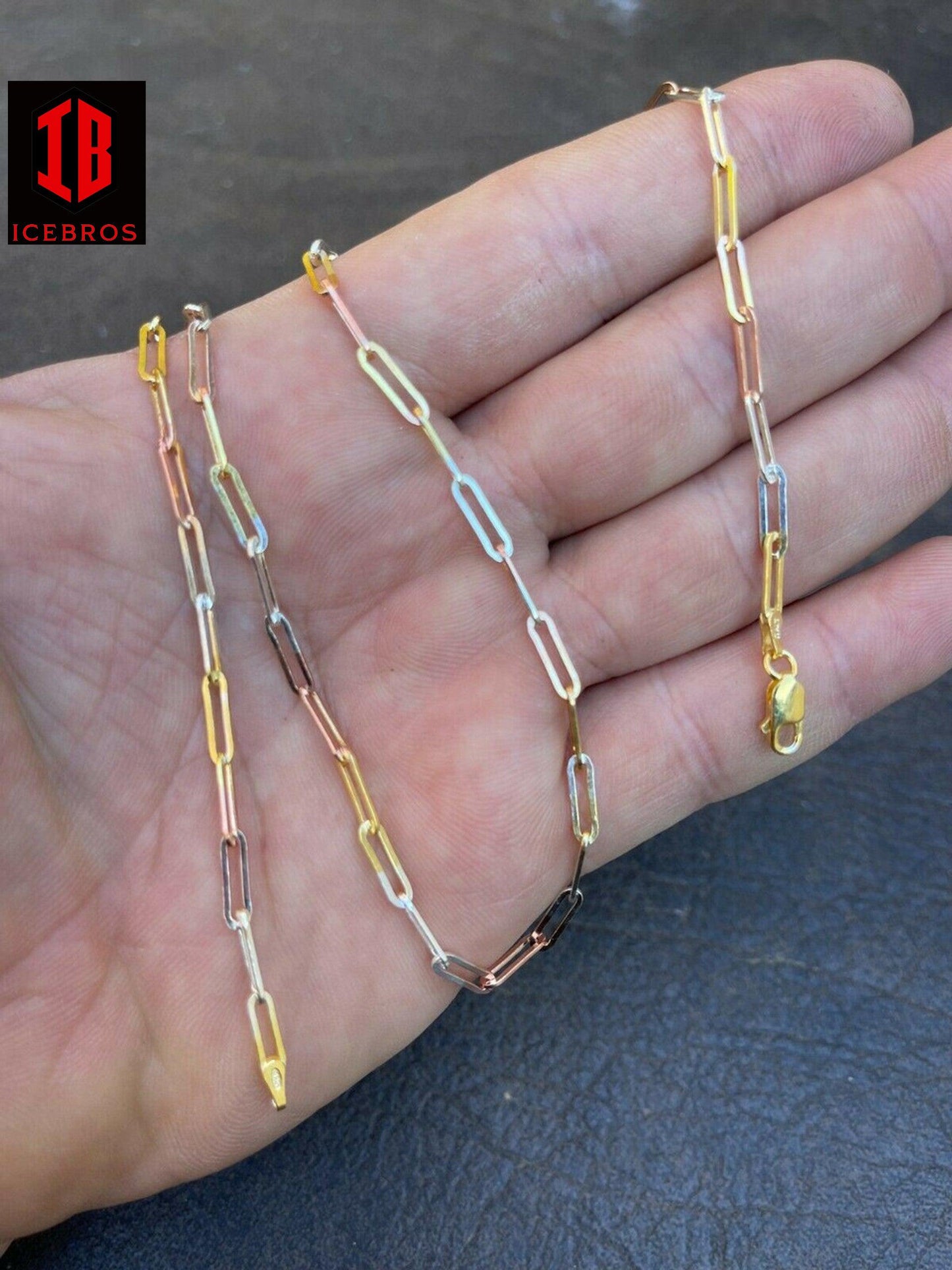 Paperclip Chain Necklace Tri Color Yellow Rose Gold & 925 Silver 14-24" (3mm)