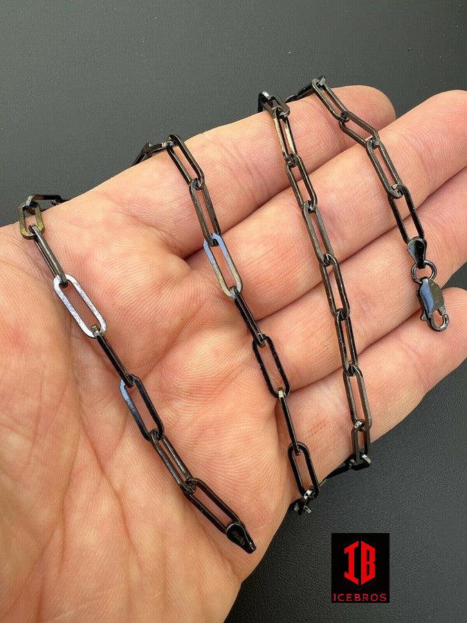 Black Rhodium Oxidized Real 925 Silver Paperclip Rolo Chain Necklace 14-24" (4mm)