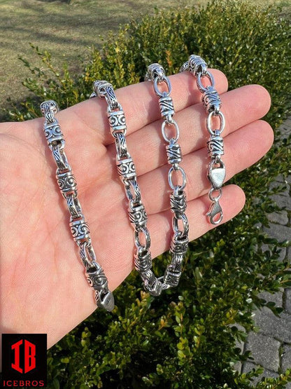 925 Sterling Silver 7mm Tribal Hawaiian Rolo Bar Link Chain Necklace