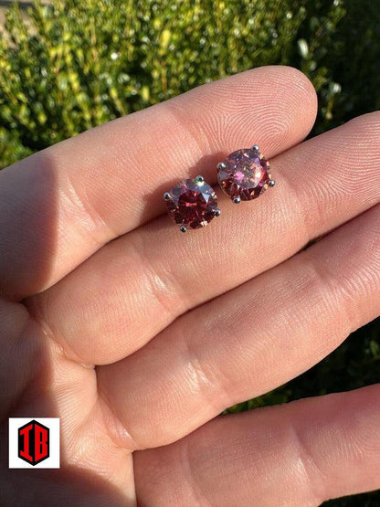 Real Pink Stone Moissanite Screwback Stud Earrings 925 Silver 3-8mm Pass Diamond