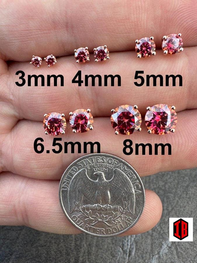 Real Pink Stone Moissanite Screwback Stud Earrings 925 Silver 3-8mm Pass Diamond