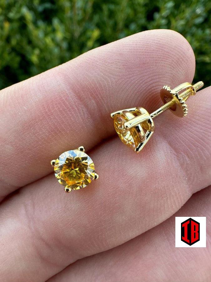Canary Yellow Moissanite Screwback Stud Earrings 14k Gold Over 925 Silver 3-8mm