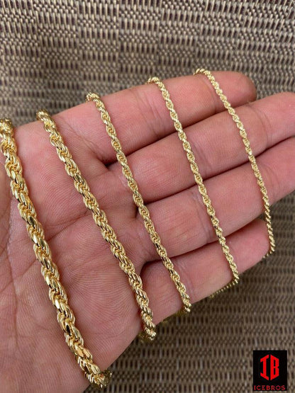 Men's Women's Real 14k Gold Plated Solid 925 Sterling Silver Rope Bracelet (2-6mm)
